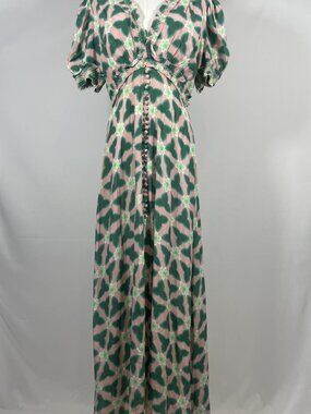 Saloni Lea Smocked Midi Dress in Sugar Pawpaw Pink Green Print Size 10